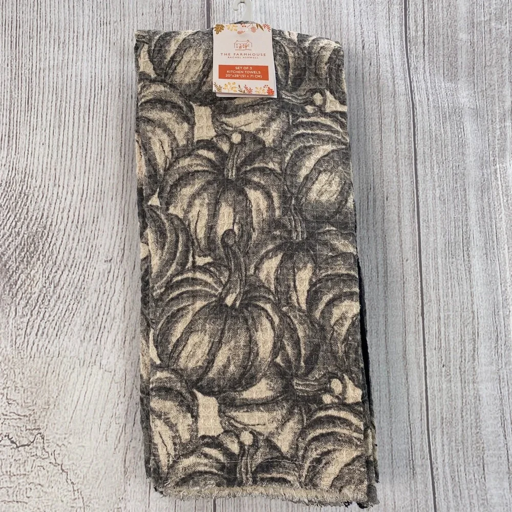 Rachel Ashwell The Farmhouse Kitchen Towels Set of 3 Gray Pumpkin Waffle Autumn